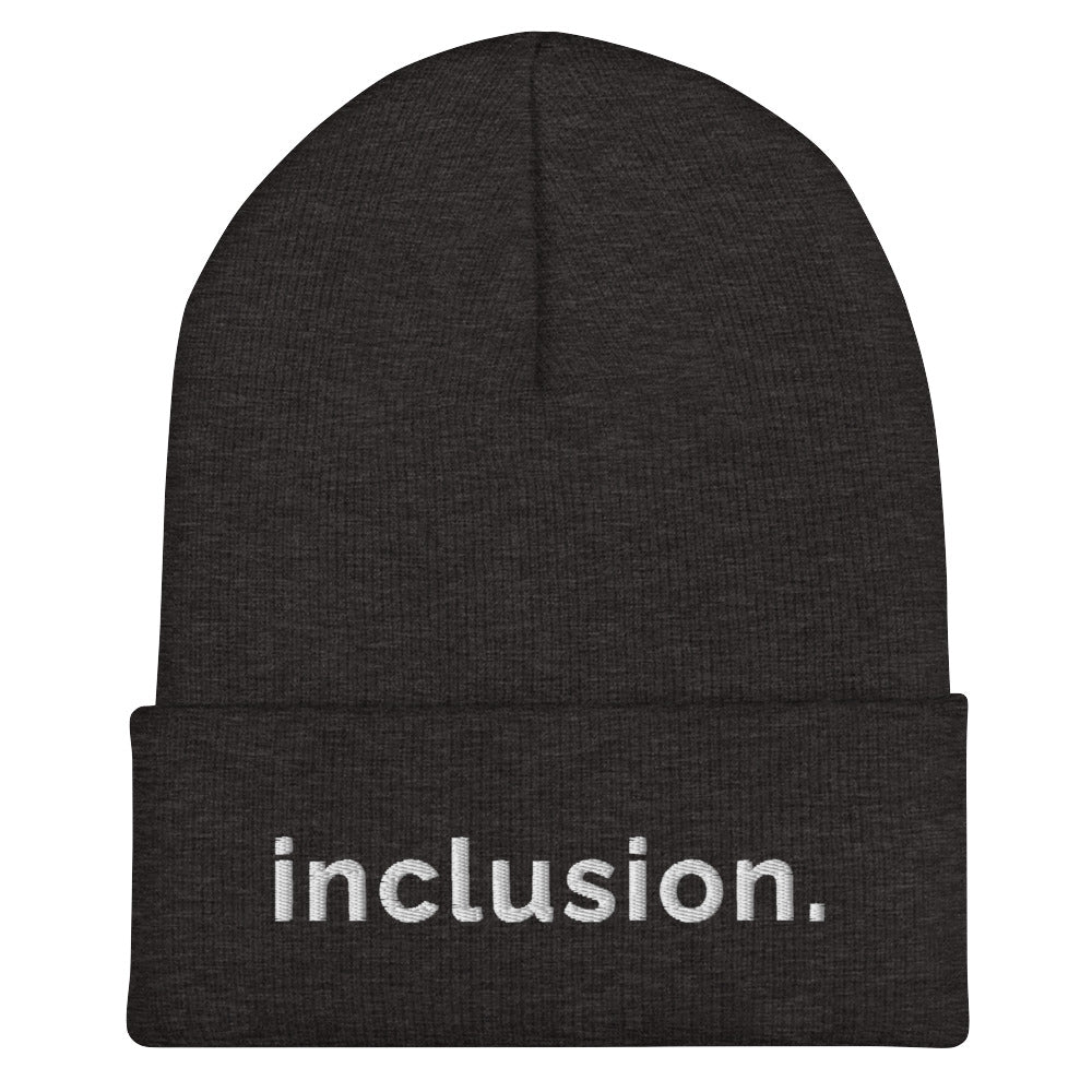 Dark grey Inclusion beanie against a plain white background. On the front of the beanie, the word 'inclusion' is embroidered on the front middle of the cuff in white sentence case letters.