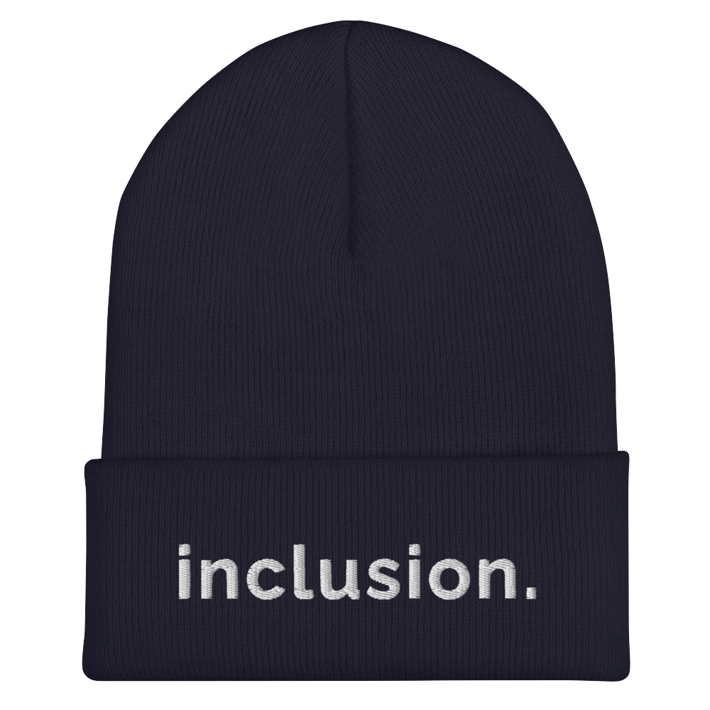 Navy Inclusion beanie against a plain white background. On the front of the beanie, the word 'inclusion' is embroidered on the front middle of the cuff in white sentence case letters.