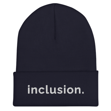 Navy Inclusion beanie against a plain white background. On the front of the beanie, the word 'inclusion' is embroidered on the front middle of the cuff in white sentence case letters.