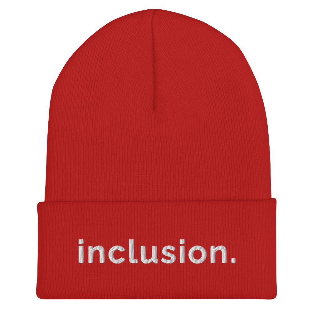 Red Inclusion beanie against a plain white background. On the front of the beanie, the word 'inclusion' is embroidered on the front middle of the cuff in white sentence case letters.
