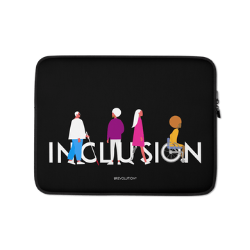 A photo of a black URevolution Inclusion laptop sleeve. The case has the iconic INCLUSION logo printed on it: the word INCLUSION is printed in large white type in the colors of the rainbow. Four diverse disabled people are incorporated into the word INCLUSION. Under the words, printed in small white upper case text, is the word - URevolution.