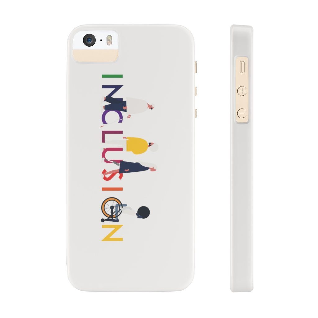 iPhone 5 5s SE slim inclusion phone case cover. The inclusion mobile phone case has URevolution's Inclusion icon on the front cover. The word INCLUSION is written in all caps in rainbow colors. Among the letters are four characters: one plus-sized person with glasses and a cane, one person with one arm wearing a turban, one person with long hair and a prosthetic leg, and one person with an afro, seated in a wheelchair.