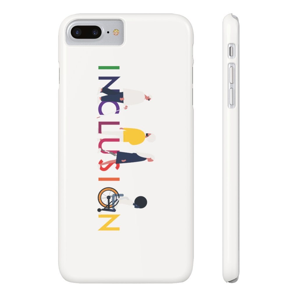 iPhone 7 8 plus slim inclusion phone case cover. The inclusion mobile phone case has URevolution's Inclusion icon on the front cover. The word INCLUSION is written in all caps in rainbow colors. Among the letters are four characters: one plus-sized person with glasses and a cane, one person with one arm wearing a turban, one person with long hair and a prosthetic leg, and one person with an afro, seated in a wheelchair.