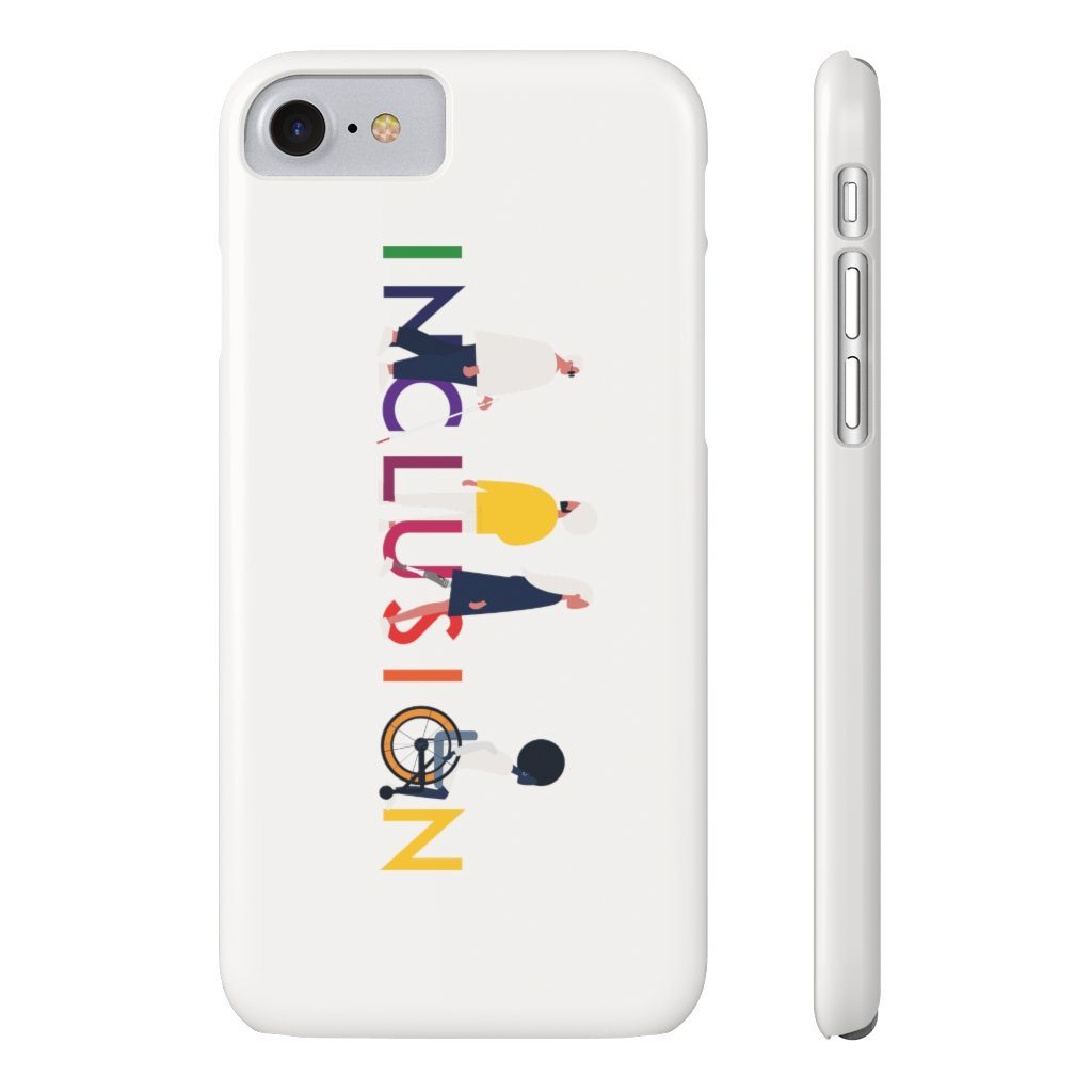 iPhone 7  8 slim inclusion phone case cover. The inclusion mobile phone case has URevolution's Inclusion icon on the front cover. The word INCLUSION is written in all caps in rainbow colors. Among the letters are four characters: one plus-sized person with glasses and a cane, one person with one arm wearing a turban, one person with long hair and a prosthetic leg, and one person with an afro, seated in a wheelchair.