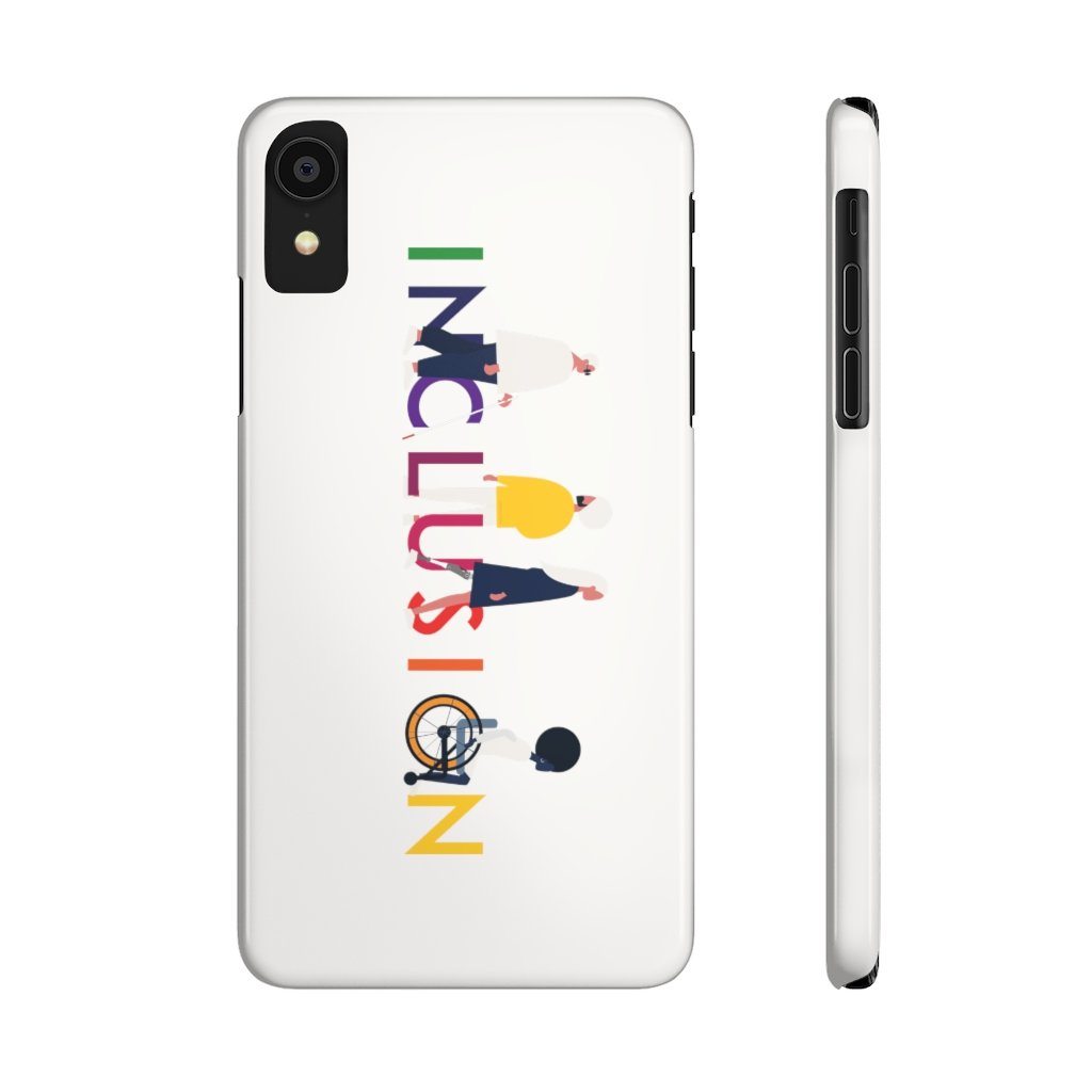 iPhone XR inclusion phone case cover. The inclusion mobile phone case has URevolution's Inclusion icon on the front cover. The word INCLUSION is written in all caps in rainbow colors. Among the letters are four characters: one plus-sized person with glasses and a cane, one person with one arm wearing a turban, one person with long hair and a prosthetic leg, and one person with an afro, seated in a wheelchair.