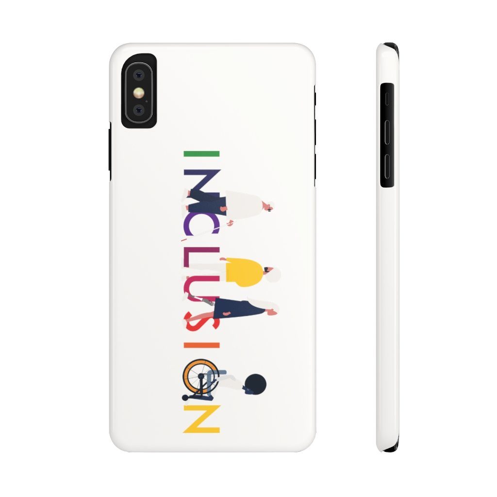 iPhone XS Max inclusion phone case cover. The inclusion mobile phone case has URevolution's Inclusion icon on the front cover. The word INCLUSION is written in all caps in rainbow colors. Among the letters are four characters: one plus-sized person with glasses and a cane, one person with one arm wearing a turban, one person with long hair and a prosthetic leg, and one person with an afro, seated in a wheelchair.