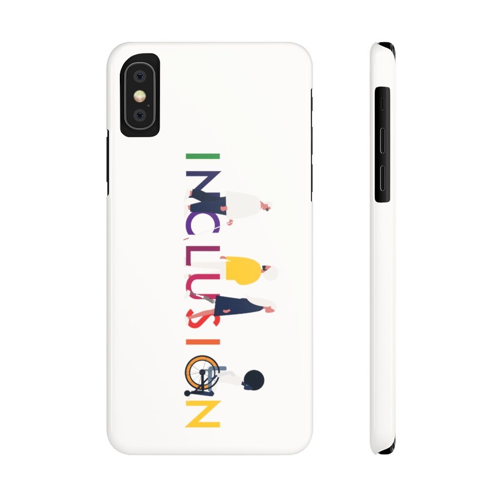 iPhone XS inclusion phone case cover. The inclusion mobile phone case has URevolution's Inclusion icon on the front cover. The word INCLUSION is written in all caps in rainbow colors. Among the letters are four characters: one plus-sized person with glasses and a cane, one person with one arm wearing a turban, one person with long hair and a prosthetic leg, and one person with an afro, seated in a wheelchair.