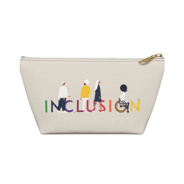 Inclusion pouch photo. The off-white inclusion pouch has a big, bold graphic message on the side: "INCLUSION." The word INCLUSION is printed in large type in the colors of the rainbow. Four diverse disabled people are incorporated into the word. This INCLUSION makeup bag has a white zipper pull closure. 