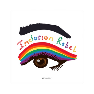 A photo of an inclusion rebel magnet. In the middle of the magnet is an illustration of a giant brown eye with big black lashes and rainbow eye shadow. The words Inclusion Rebel are printed between the eye shadow and a thick black eyebrow in a handwritten font with a different rainbow color for each letter.