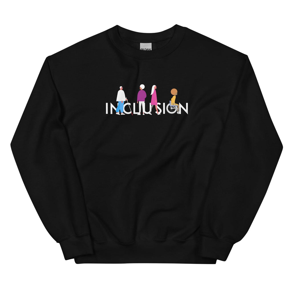 Black disability inclusion sweatshirt featuring an original Inclusion icon: The word INCLUSION is written in white upper case letters. Among the letters are four characters: one larger person with glasses and a cane, one person with one arm wearing a turban, one person with long hair and a prosthetic leg, and one person with an afro, seated in a wheelchair leaning forward.