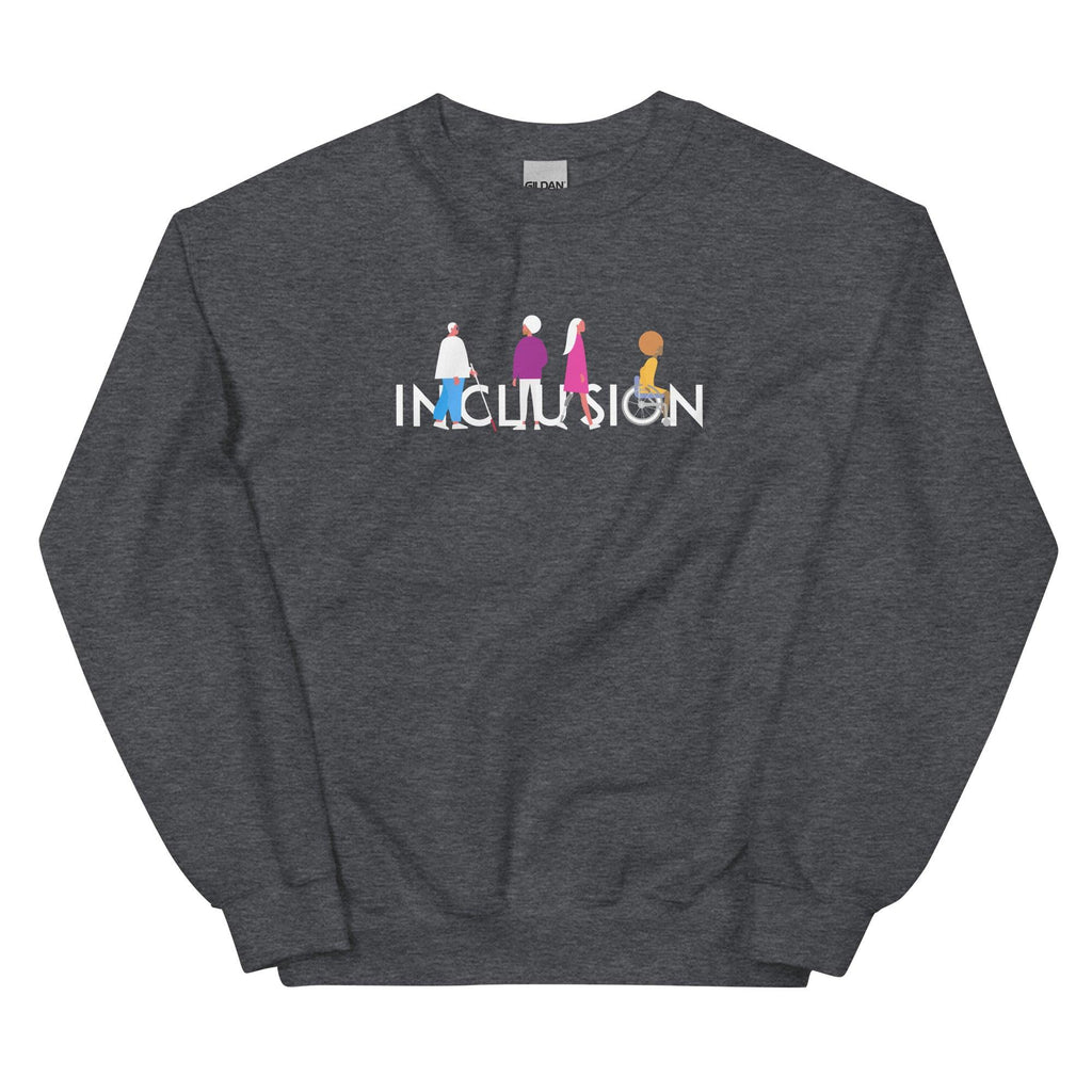 Dark heather disability inclusion sweatshirt featuring an original Inclusion icon: The word INCLUSION is written in white upper case letters. Among the letters are four characters: one larger person with glasses and a cane, one person with one arm wearing a turban, one person with long hair and a prosthetic leg, and one person with an afro, seated in a wheelchair leaning forward.