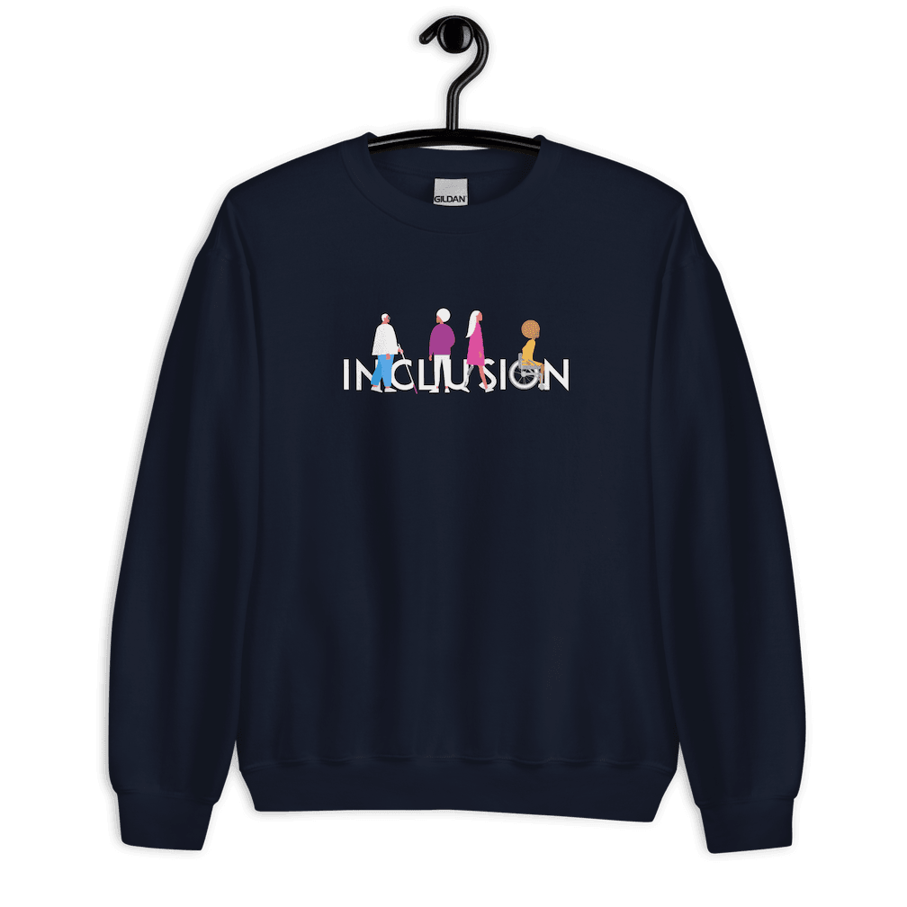 Navy disability inclusion sweatshirt featuring an original Inclusion icon: The word INCLUSION is written in white upper case letters. Among the letters are four characters: one larger person with glasses and a cane, one person with one arm wearing a turban, one person with long hair and a prosthetic leg, and one person with an afro, seated in a wheelchair leaning forward. The sweatshirt is displayed on a black hanger.