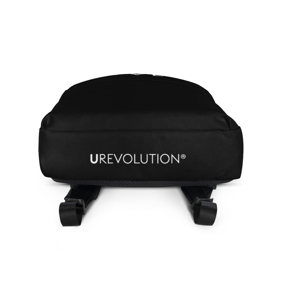 This is the base of the back-pac. In small font is the word, URevolution, printed in white upper case letters.