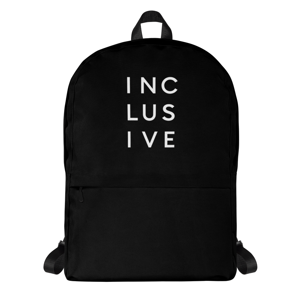 This is a photo of URevolution's black Inclusive backpack. In the top half of the backpack, the word inclusive is printed in white upper case letters evenly spaced over three lines: INC LUS IVE. The rest of the backpack is black.