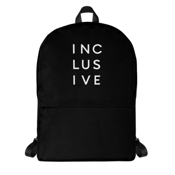 This is a photo of URevolution's black Inclusive backpack. In the top half of the backpack, the word inclusive is printed in white upper case letters evenly spaced over three lines: INC LUS IVE. The rest of the backpack is black.