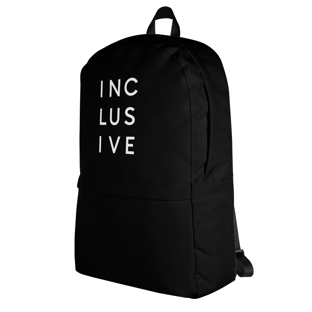 This is a photo of URevolution's black Inclusive backpack. In the top half of the backpack, the word inclusive is printed in white upper case letters evenly spaced over three lines: INC LUS IVE. The rest of the backpack is black.