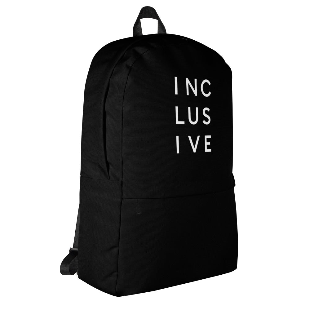 This is a photo of URevolution's black Inclusive backpack. In the top half of the backpack, the word inclusive is printed in white upper case letters evenly spaced over three lines: INC LUS IVE. The rest of the backpack is black.