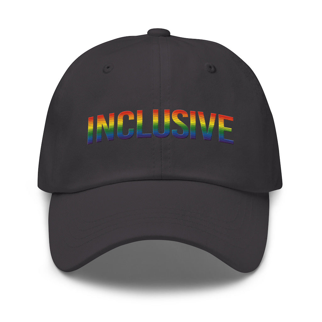 Dark grey inclusive gay pride baseball cap with the word 'inclusive' embroidered in the front middle of the cap in upper case LGBT pride colors. 