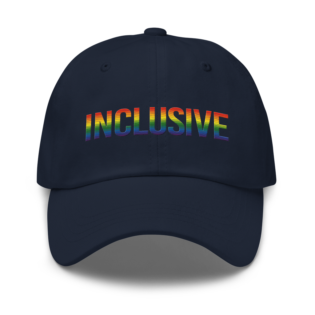 Navy inclusive gay pride baseball cap with the word 'inclusive' embroidered in the front middle of the cap in upper case LGBT pride colors. 