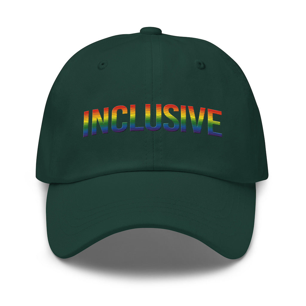 Spruce inclusive gay pride baseball cap with the word 'inclusive' embroidered in the front middle of the cap in upper case LGBT pride colors. 