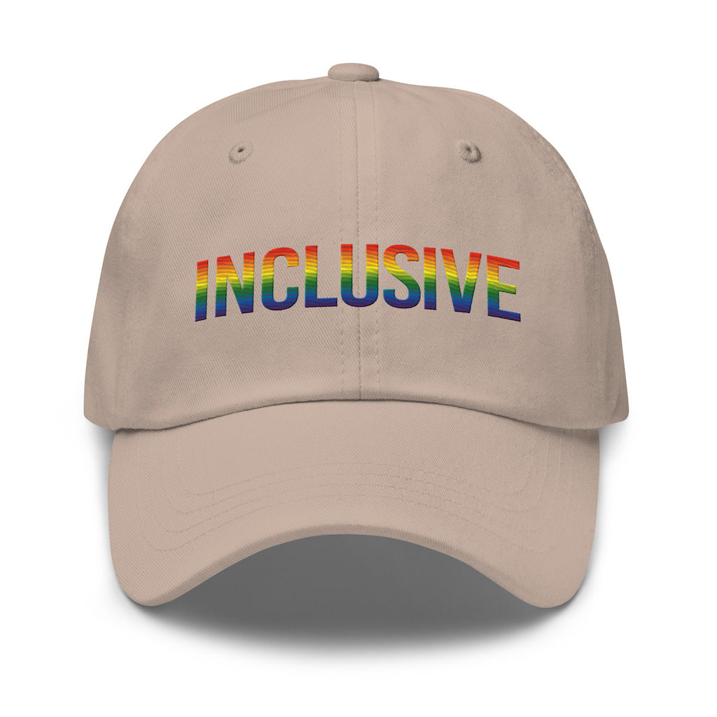 Stone inclusive gay pride baseball cap with the word 'inclusive' embroidered in the front middle of the cap in upper case LGBT pride colors. 
