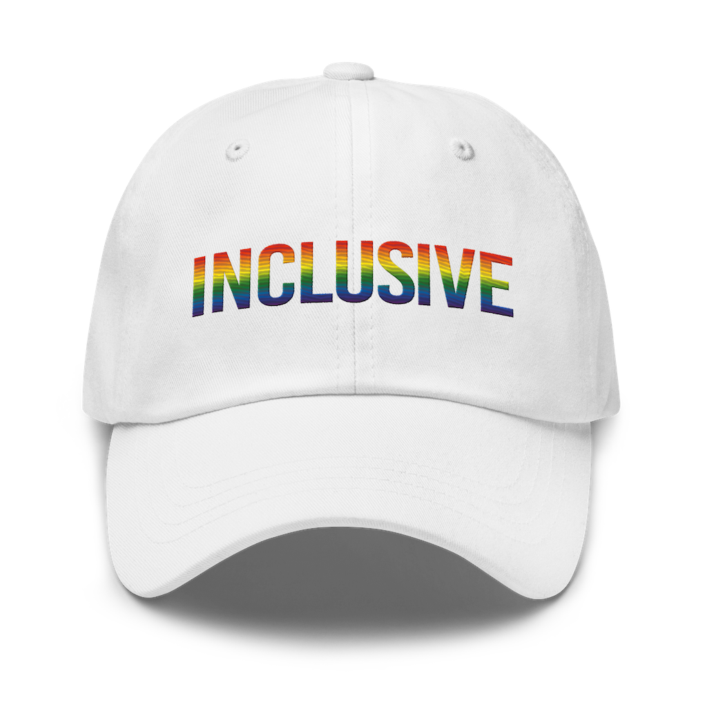 White inclusive gay pride baseball cap with the word 'inclusive' embroidered in the front middle of the cap in upper case LGBT pride colors. 
