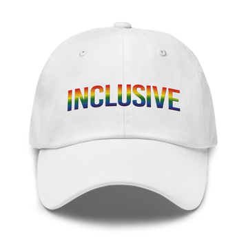 White inclusive gay pride baseball cap with the word 'inclusive' embroidered in the front middle of the cap in upper case LGBT pride colors. 