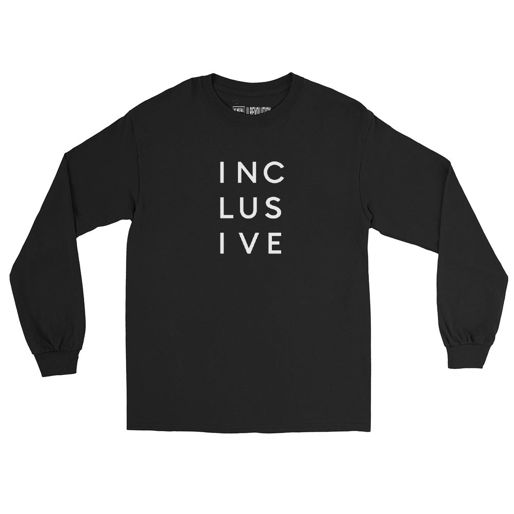 A black INCLUSIVE Long Sleeve Tee – classic fit, ultra-soft cotton, and a bold statement design promoting diversity and inclusion