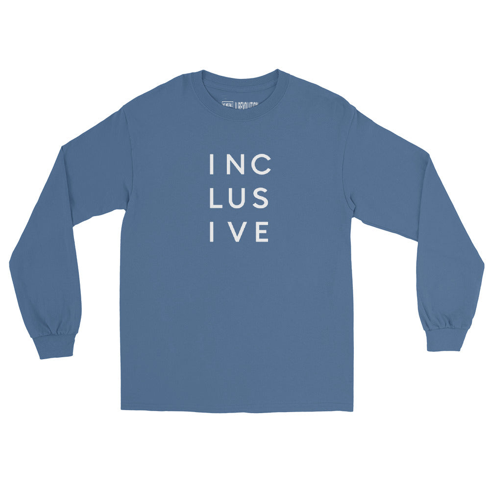 An indigo blue INCLUSIVE Long Sleeve Tee – classic fit, ultra-soft cotton, and a bold statement design promoting diversity and inclusion
