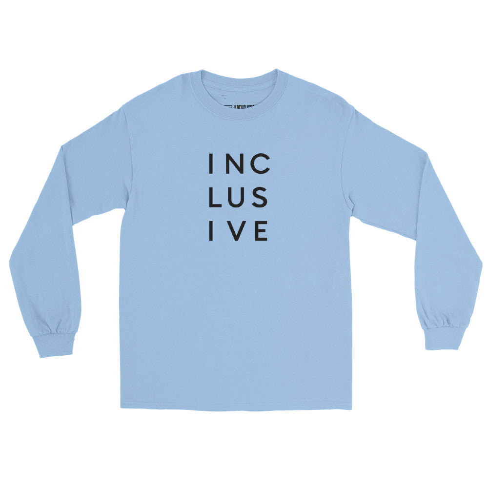A light blue INCLUSIVE Long Sleeve Tee – classic fit, ultra-soft cotton, and a bold statement design promoting diversity and inclusion