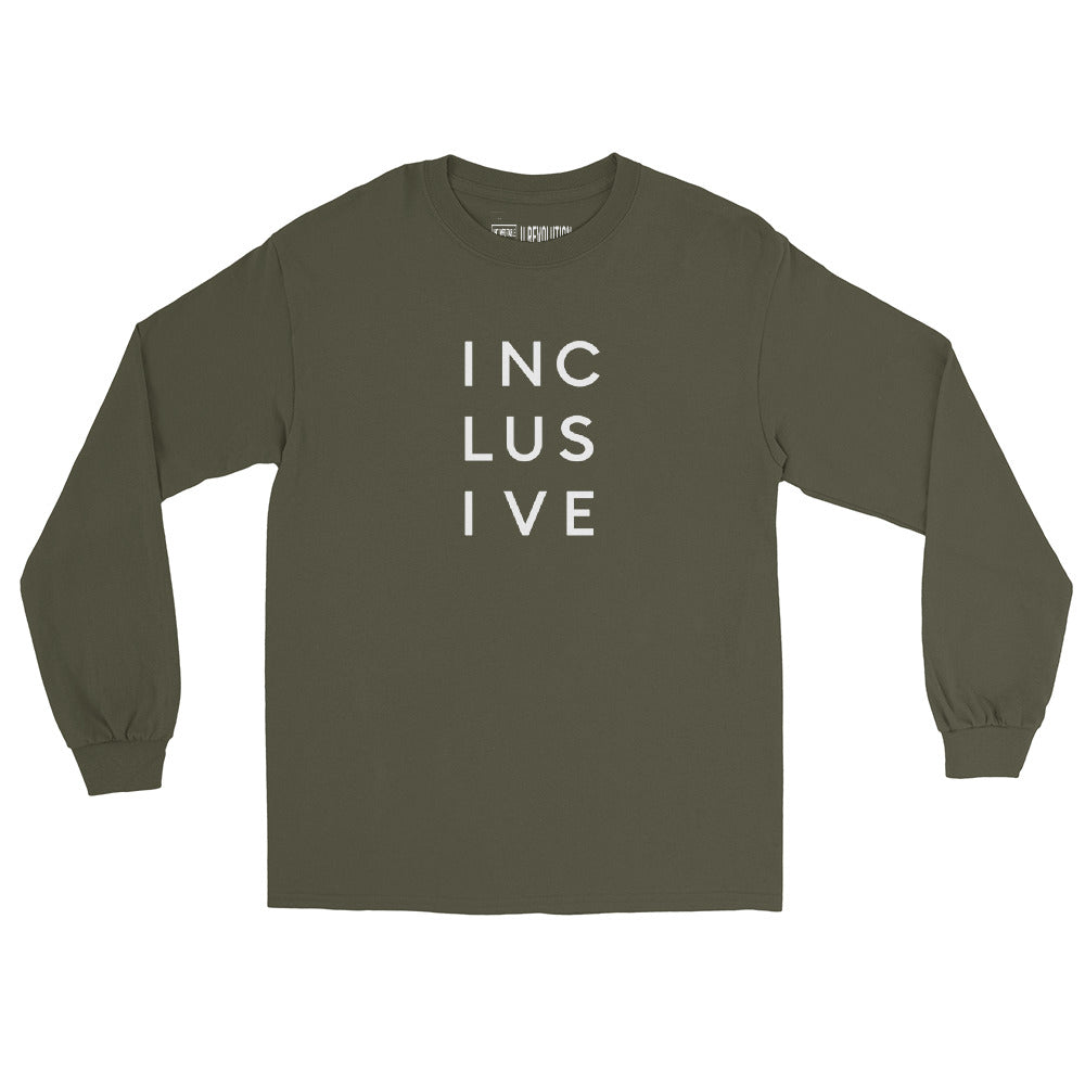 A military green INCLUSIVE Long Sleeve Tee – classic fit, ultra-soft cotton, and a bold statement design promoting diversity and inclusion