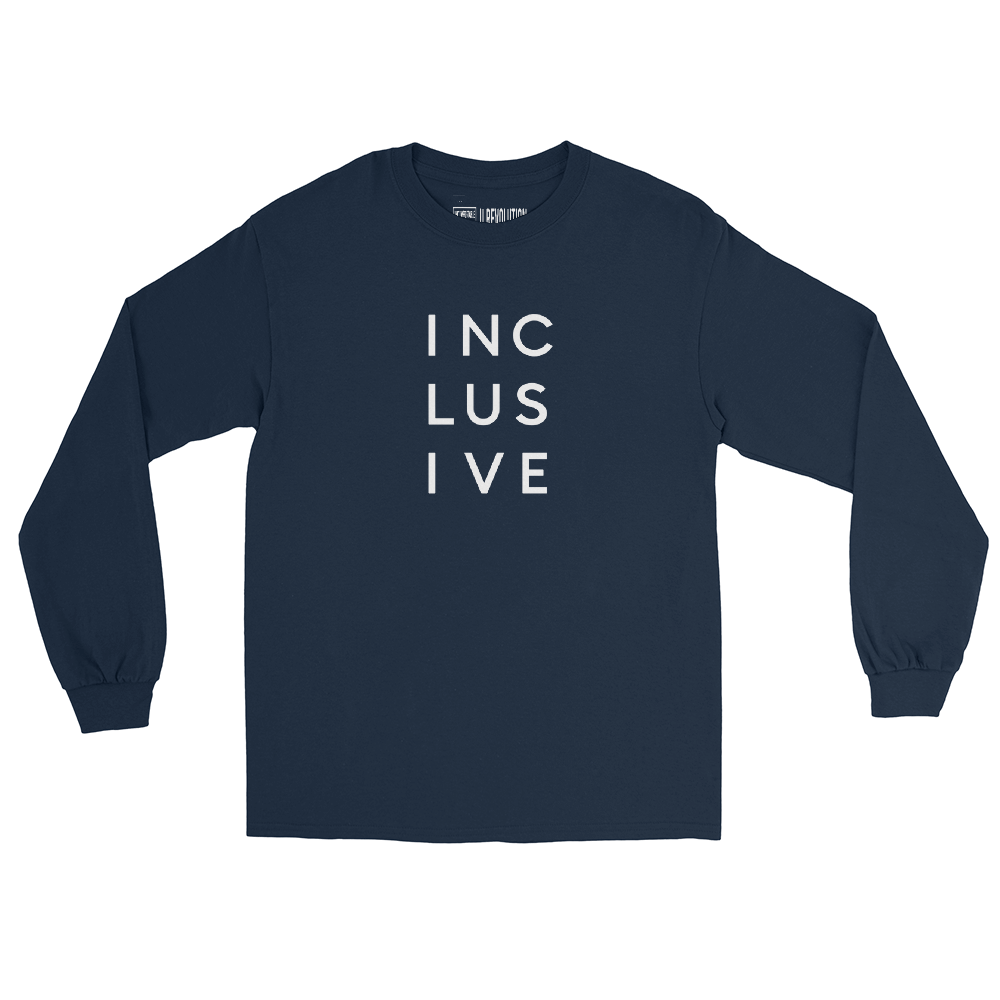 A navy INCLUSIVE Long Sleeve Tee – classic fit, ultra-soft cotton, and a bold statement design promoting diversity and inclusion