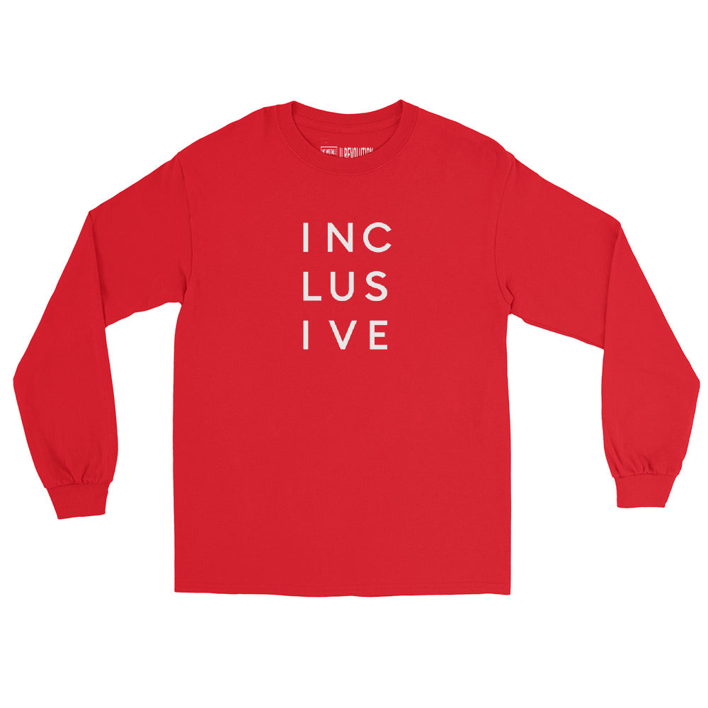 A red INCLUSIVE Long Sleeve Tee – classic fit, ultra-soft cotton, and a bold statement design promoting diversity and inclusion