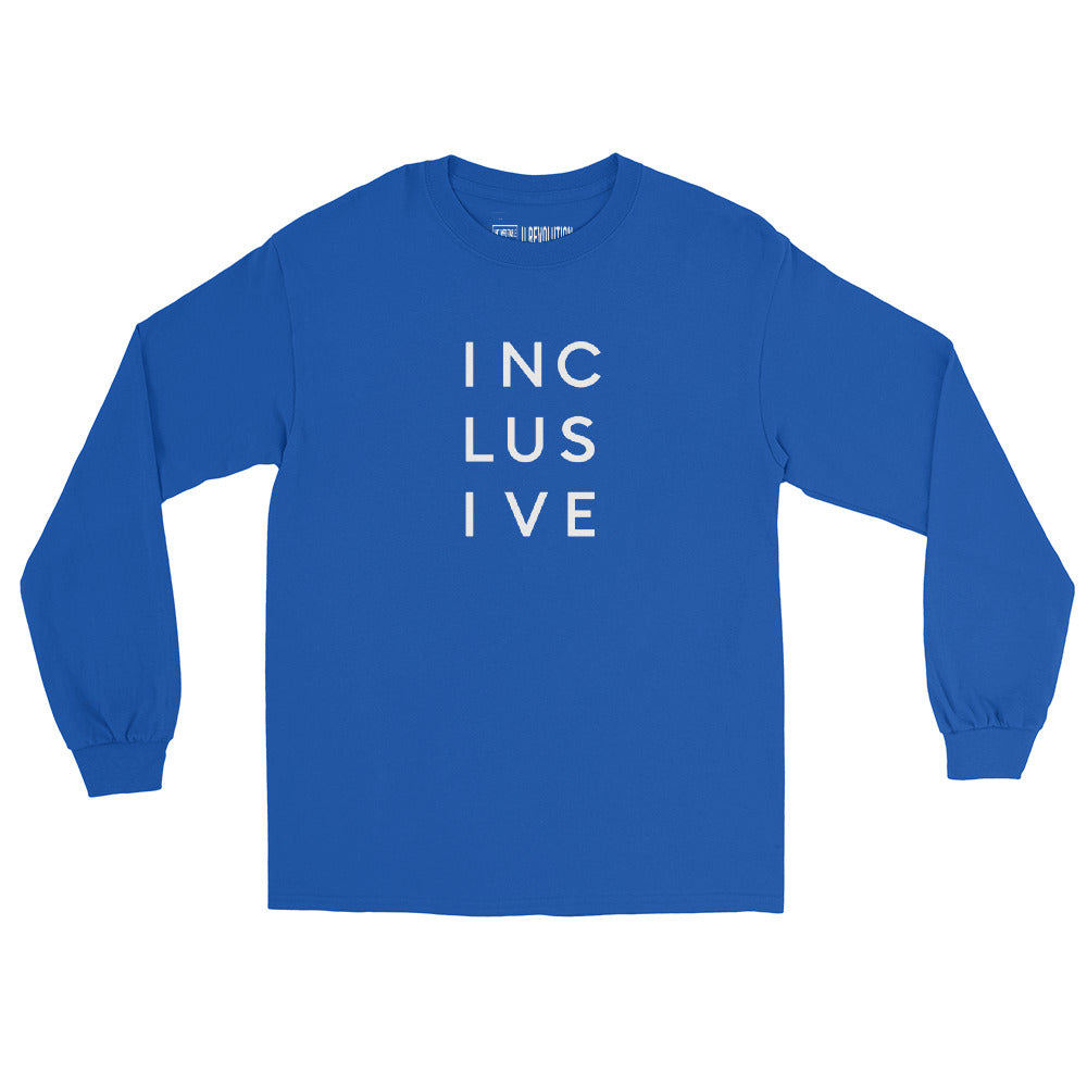 A royal blue INCLUSIVE Long Sleeve Tee – classic fit, ultra-soft cotton, and a bold statement design promoting diversity and inclusion