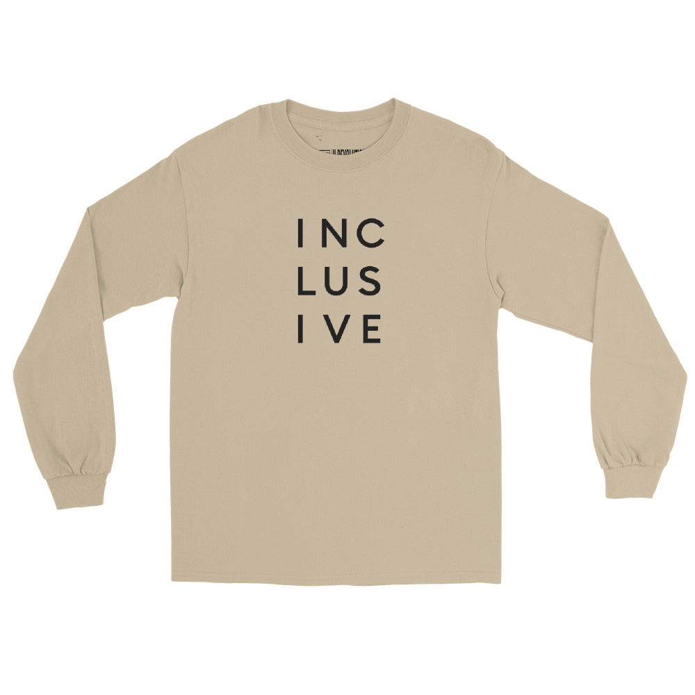 A sand INCLUSIVE Long Sleeve Tee – classic fit, ultra-soft cotton, and a bold statement design promoting diversity and inclusion
