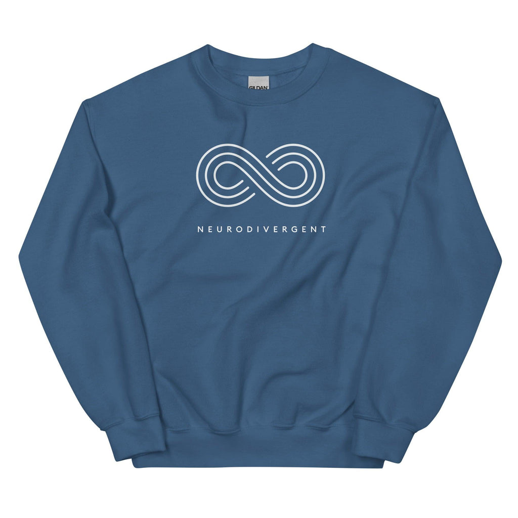 This is a photo of an indigo-blue neurodivergent sweatshirt. In the top middle third of the sweatshirt is an elegant white infinity symbol consisting of three thin white lines. Just below the symbol is the word Neurodivergent in elegant upper case white letters..