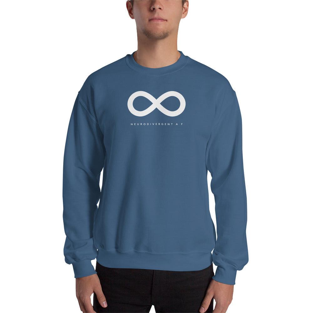 Indigo Blue Neurodivergent AF sweatshirt. There is a white infinity symbol in the top third of the Neurodivergent AF sweatshirt. Under the symbol is the phrase, 'Neurodivergent AF,' in white upper case letters. The sweatshirt is worn by a male model with only his torso visible.