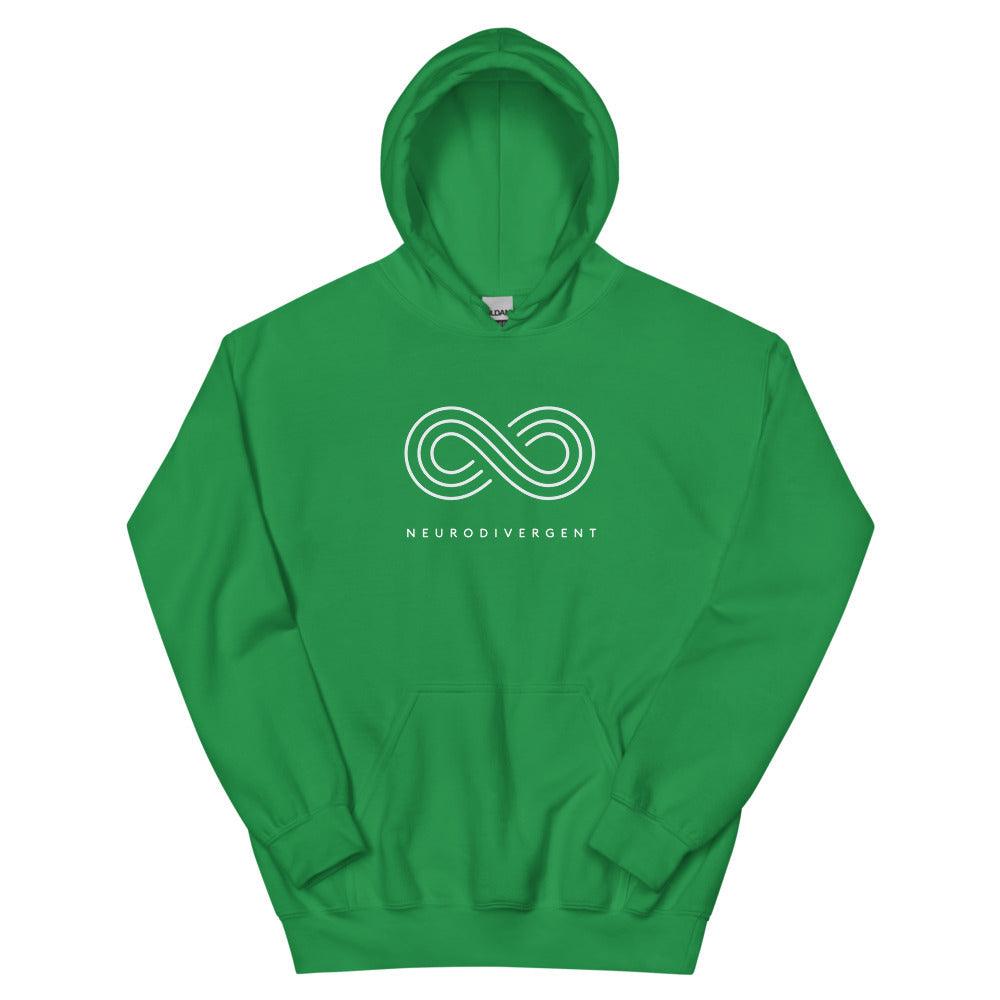 This is a photo of a heavy blend irish green Neurodivergent Hoodie. In the top third of the Neurodivergent Hoodie, there is an elegant white infinity symbol consisting of three interwoven white lines. Under the symbol is the phrase, 'neurodivergent.'