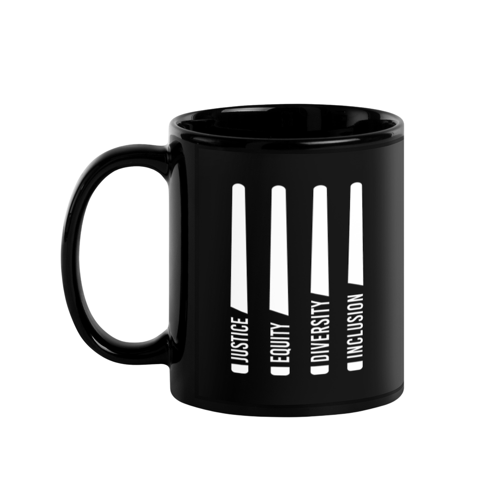 A black J.E.D.I. Justice Equity Diversity Inclusion Mug. In the middle of the mug are four white laser swords. At the bottom of each sword representing the handle is one word: Justice Equity Diversity Inclusion. 