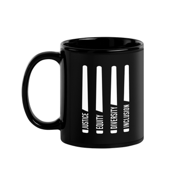 A black J.E.D.I. Justice Equity Diversity Inclusion Mug. In the middle of the mug are four white laser swords. At the bottom of each sword representing the handle is one word: Justice Equity Diversity Inclusion. 