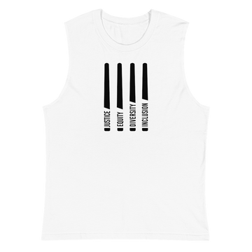 A white unisex J.E.D.I muscle tank. In the middle of the JEDI tank are four black laser swords. At the bottom of each sword representing the handle is one word: Justice Equity Diversity Inclusion.