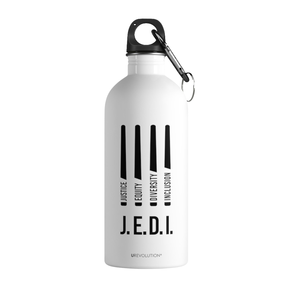 A justice equity diversity inclusion J.E.D.I water bottle with four stylized horizontal black laser swords. In each laser sword handle, one word is embedded: justice, equity, diversity, and inclusion in black upper case letters.