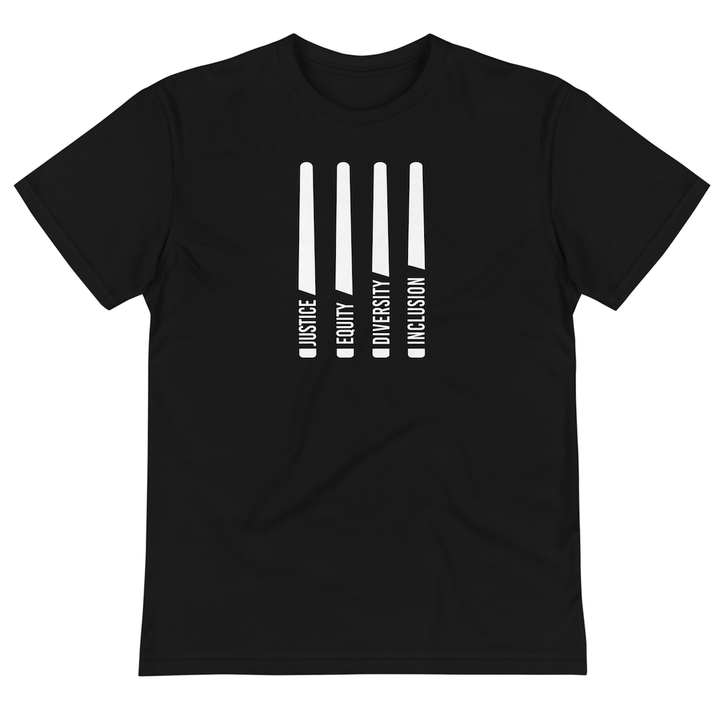 This is a photo of a black J.E.D.I. sustainable heavyweight tee. In the middle of the front of the t-shirt, are four white laser swords. At the bottom of each sword representing the handle is one word: Justice Equity Diversity Inclusion. Beneath the swords is the acronym J.E.D.I in white upper case letters.