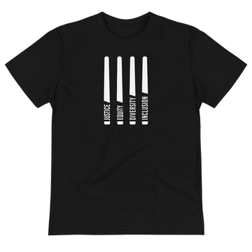 This is a photo of a black J.E.D.I. sustainable heavyweight tee. In the middle of the front of the t-shirt, are four white laser swords. At the bottom of each sword representing the handle is one word: Justice Equity Diversity Inclusion. Beneath the swords is the acronym J.E.D.I in white upper case letters.