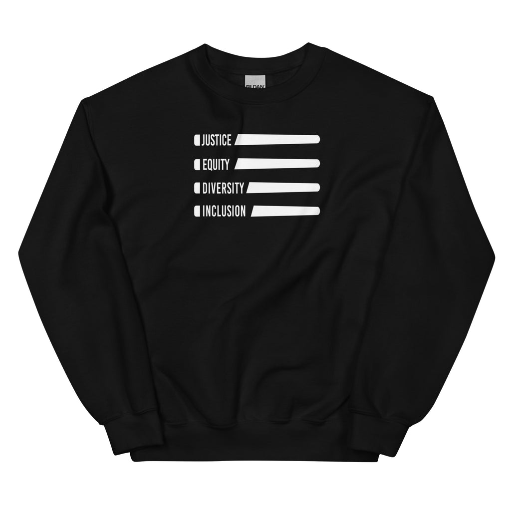 A black Justice Equity Diversity Inclusion Flag Sweatshirt. Four white laser swords are placed horizontally in the middle of the sweatshirt, similar to a flag. On the left-hand side of each sword, in the place of the handle, is one word: Justice Equity Diversity Inclusion.