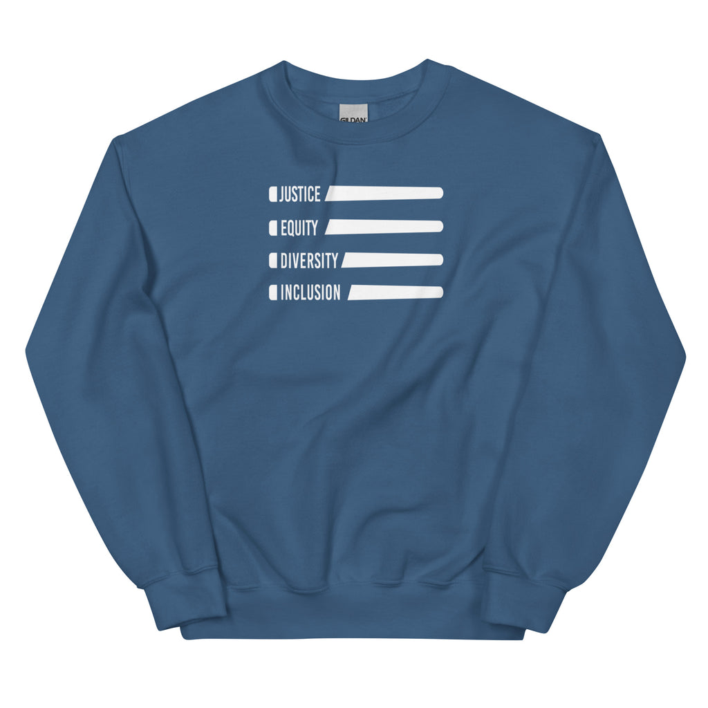 An indigo blue Justice Equity Diversity Inclusion Flag Sweatshirt. Four white laser swords are placed horizontally in the middle of the sweatshirt, similar to a flag. On the left-hand side of each sword, in the place of the handle, is one word: Justice Equity Diversity Inclusion.