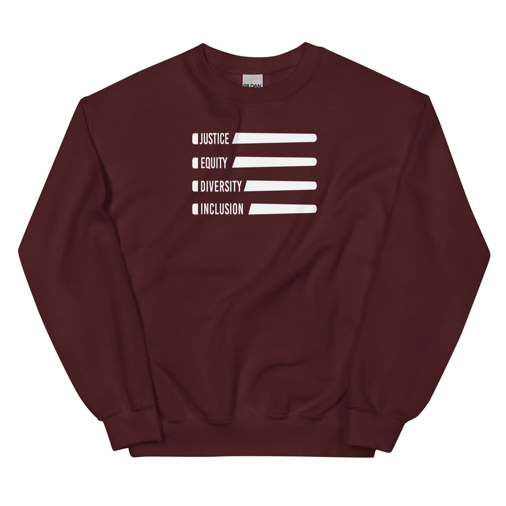 A maroon Justice Equity Diversity Inclusion Flag Sweatshirt. Four white laser swords are placed horizontally in the middle of the sweatshirt, similar to a flag. On the left-hand side of each sword, in the place of the handle, is one word: Justice Equity Diversity Inclusion.