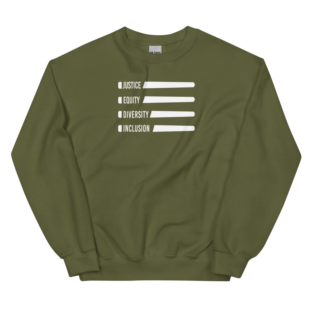 A military green Justice Equity Diversity Inclusion Flag Sweatshirt. Four white laser swords are placed horizontally in the middle of the sweatshirt, similar to a flag. On the left-hand side of each sword, in the place of the handle, is one word: Justice Equity Diversity Inclusion.