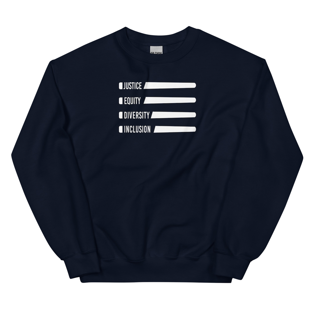 A navy Justice Equity Diversity Inclusion Flag Sweatshirt. Four white laser swords are placed horizontally in the middle of the sweatshirt, similar to a flag. On the left-hand side of each sword, in the place of the handle, is one word: Justice Equity Diversity Inclusion.