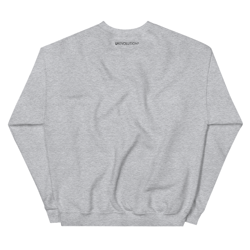 Printed on the back of the Justice Equity Diversity Inclusion Flag Sweatshirt, just beneath the collar, is the word UREVOLUTION in small upper case bold font.